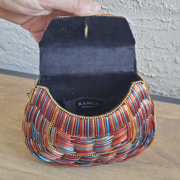 RAMLA Glass Beaded Bag Handmade Multicolor Clutch Crossbody Brass Unique Party
